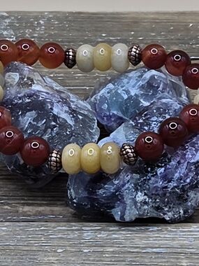 Yellow Jade, Carnelian and Copper Beaded Bracelet